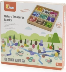 Cuburi educative din lemn Viga Montessori Comori naturale, 141 de piese