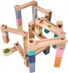 Circuit de bile din lemn în culori pastel, 53 piese + 6 bile de sticlă