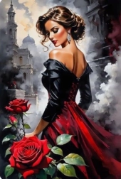 Pictură cu diamante femeie cu trandafiri în oraș 30 × 40 cm