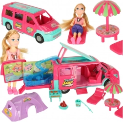 Caravană de camping pentru păpuși cu accesorii și piscină