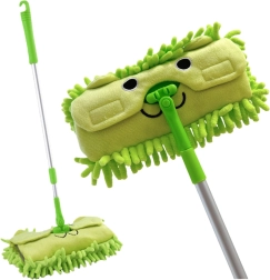 Mop pentru copii cu mâner telescopic verde și model cu animale