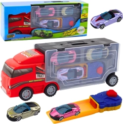 Camion roșu cu garaj mobil și lansator + 3 mașinuțe