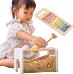 Viga bancă de bătut din lemn și xilofon 2‑în‑1