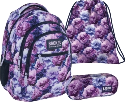 Set școlar BackUP Violet Flowers 3în1 – rucsac, penar și sac