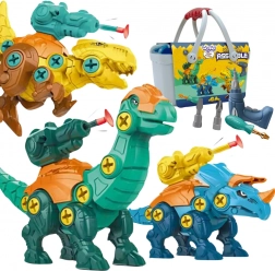 WOOPIE dinozauri de asamblat 3 buc în valiză cu bormașină și șurubelniță