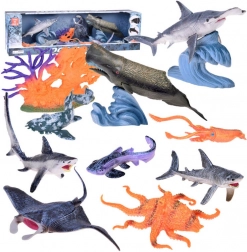 Set de animale marine realiste – figurine manta, cașalot, calmari, rechini și altele