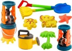 Set nisip: moară de nisip, lopată, greblă, stropitoare, forme, găleată 10 piese