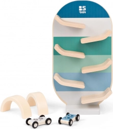 pistă auto din lemn cu mașinuțe și arcade