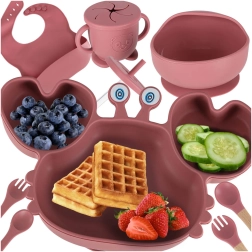 Set de masă din silicon pentru copii crab, 9 piese, roz închis