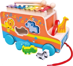 Mașină din lemn Bino cu puzzle și xilofon