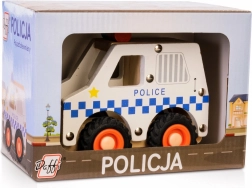 mașină de poliție din lemn cu roți din cauciuc
