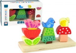 Puzzle din lemn: floare, fluture și pasăre