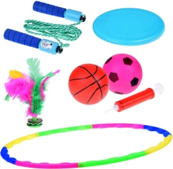 Set sportiv 5‑în‑1 pentru copii – hula hoop, frisbee, coardă de sărit, mingi și lotcă cu pene