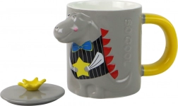 Cană ceramică cu capac, dinozaur, 400 ml, gri