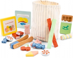 Set din lemn cu dulciuri, geantă și cleștișori