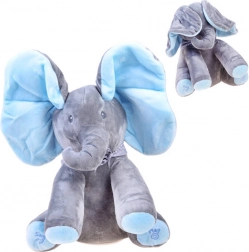 Elefant de pluș interactiv care cântă și se joacă peek‑a‑boo – Albastru