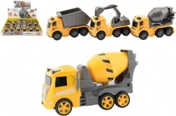 Mașinuță de construcții din plastic cu mecanism de inerție 10 cm – 3 tipuri, cutie 12 buc