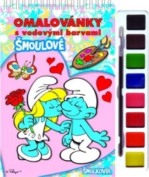 Carte de colorat Ștrumfii cu acuarele și pensulă, legătură spiralată 21 × 23 cm