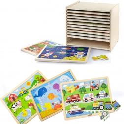 Puzzle din lemn Viga – set de 12 puzzle-uri în ramă, câte 24 de piese, pe suport