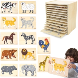 Set de puzzle-uri din lemn cu 12 animale Montessori cu suport Viga