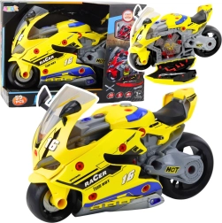 Motocicletă interactivă 2în1 cu atelier pentru demontare, lumini, sunete și efect de fum – galbenă 43 cm