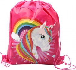 Rucsac școlar pentru pantofi și îmbrăcăminte cu motiv de unicorn și curcubeu roz 35x27 cm