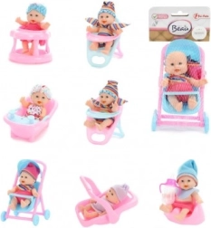 Păpușă/bebeluș cu accesorii din plastic, corp solid, 11 cm, în plasă