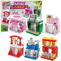 Set de construcție Mini Street 6în1 – mic orășel cu clădiri, magazine și cafenele (137 piese)