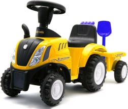 Trotinetă fără pedale pentru copii tip tractor cu remorcă și unelte New Holland – galben