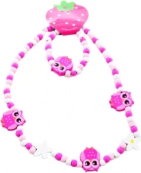 Set colier și brățară cu bufnițe din mărgele de lemn