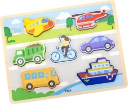 Puzzle din lemn VIGA Montessori 2în1 Mijloace de transport