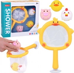 Jucărie de baie: plasa cu ventuză și 3 animăluțe din cauciuc fără orificiu