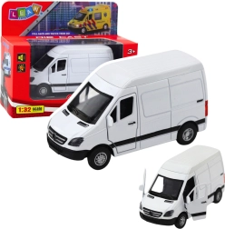 Furgonetă metalică 1:32 cu mecanism cu arc, lumini și sunete – albă