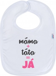 Bavetă pentru bebeluși din bumbac New Baby mama + tata = eu, roz