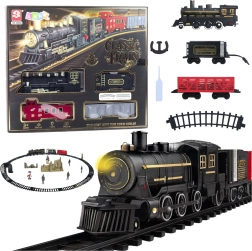 Set de tren electric cu locomotivă cu aburi, vagoane și șine cu lumină
