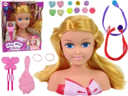 Cap de păpușă pentru stilizarea părului cu mărgele, clame și șuvițe colorate