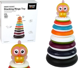 Piramida colorată de stivuire cu inele și rață