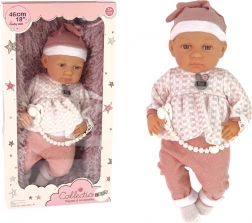 Păpușă realistă bebeluș 46 cm cu hăinuțe albastre și suzetă