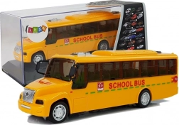 Autobuz școlar cu lumini puternice și sunete, uși care se deschid