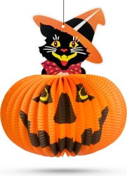 Lampion de hârtie pentru Halloween, în formă de dovleac, cu motiv pisică – 1 bucată