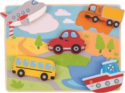 Puzzle din lemn cu piese de inserat – mijloace de transport BIGJIGS TOYS