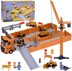 set de construcție interactiv: cap tractor cu semiremorcă pliabilă, macara și stivuitor