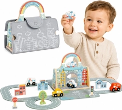 Oraș portabil Tooky Toy cu mașinuțe, în geantă