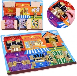 Tablă senzorială manipulativă din lemn cu încuietori și numere