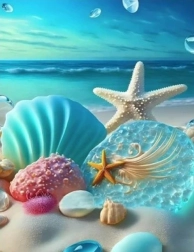 Pictură cu diamante stea de mare și scoici 30 × 40 cm