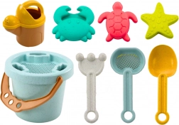 Set pastel pentru nisip cu găleată, lopățică, greblă, sită și forme