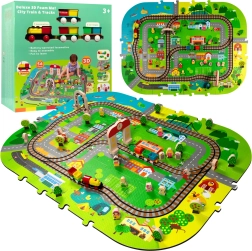 Covoraș urban 3D din spumă cu trenuleț pe baterii, șine și accesorii 56 piese HUMBI