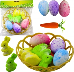 Decorațiuni de Paște cu coșuleț, iepurași, ouă și morcovi