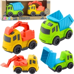 Set de camioane de construcții din bioplastic – basculantă cu benă rabatabilă și mini-excavator