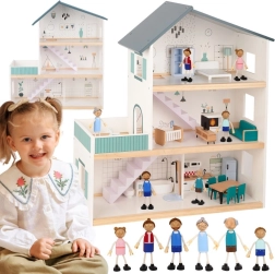 Căsuță de păpuși din lemn cu figurine TOOKY TOY, 3 etaje, FSC